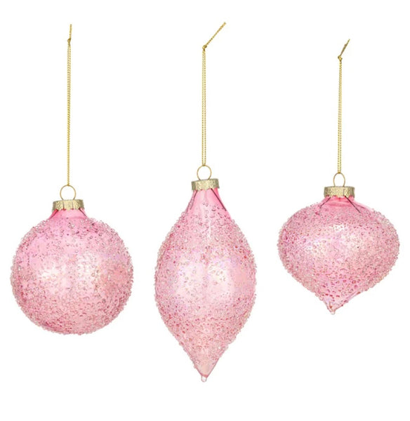 Pink Iridescent Iced Glass Ornaments