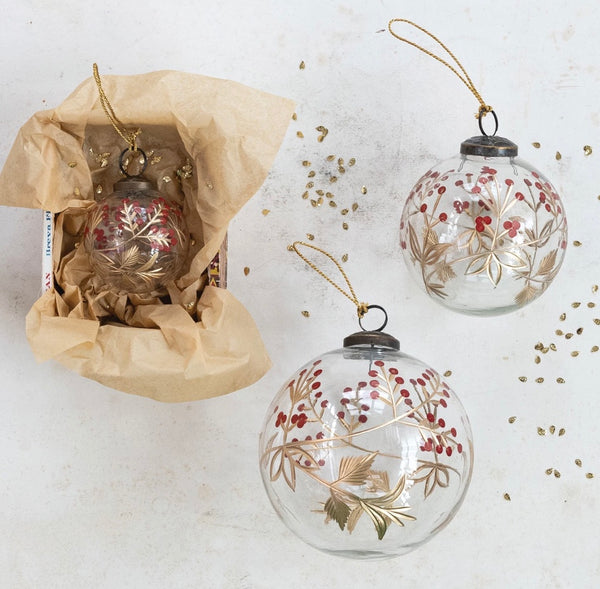 Etched Berry Glass Ball Ornaments
