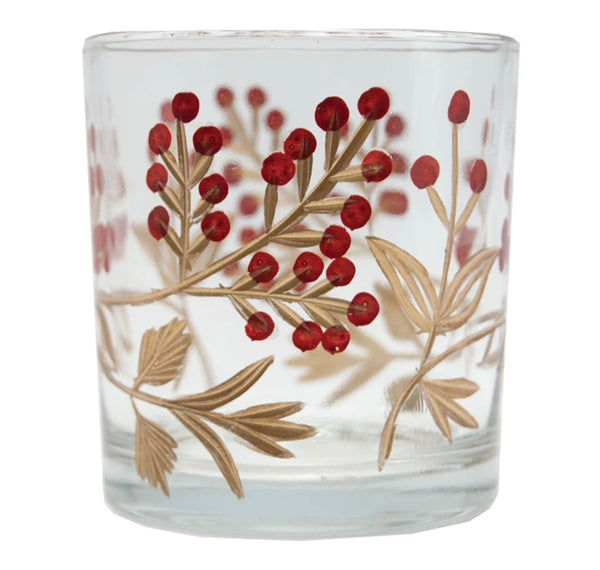 Red Berry Etched Glass Votive Holder