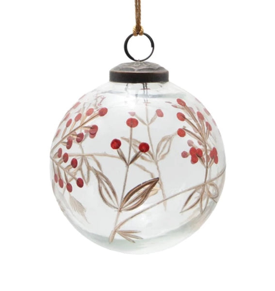 Etched Berry Glass Ball Ornaments