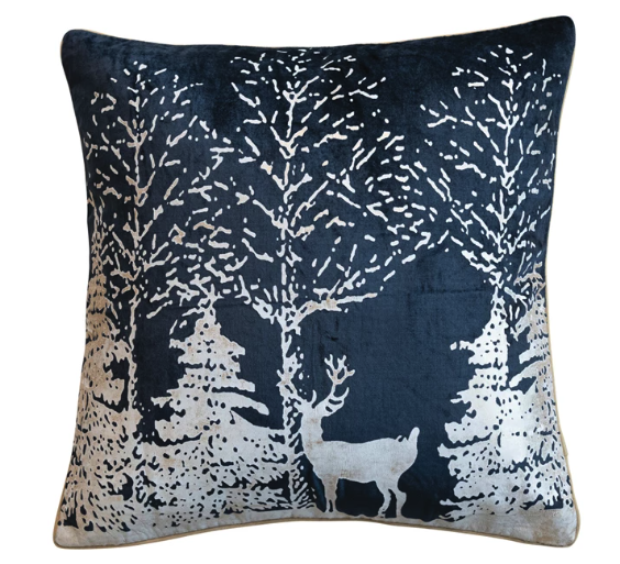Square Cotton Velvet Printed Pillow w/ Winter Scene - 20