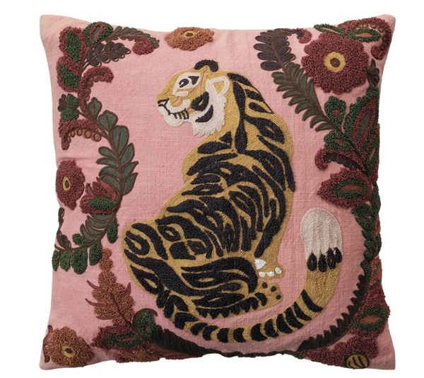 Embroidered Tiger & Flowers Pillow