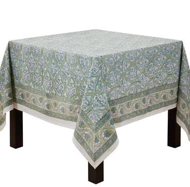 Aqua Block Print Tablecloth