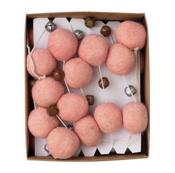 Pink Wool Poms & Bells Garland