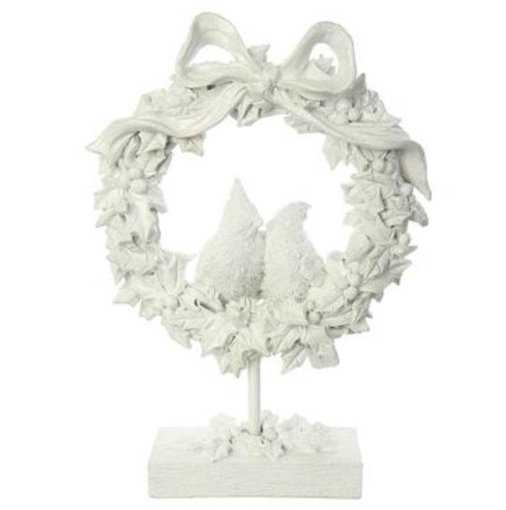Glittered Bird Holly Wreath on Stand