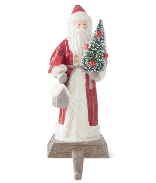 Glittered Santa w/Tree and Birdhouse Stocking Holder