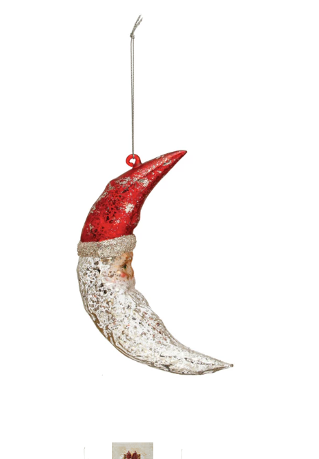 Mercury Glass Santa Moon Ornament w/ Glitter