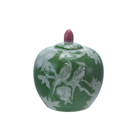 Green Birds Stoneware Ginger Jar