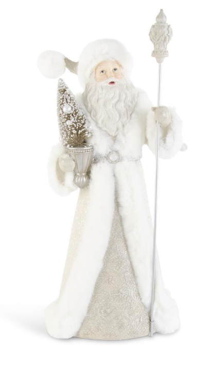 White Fur Trimmed Santa w/ Staff & Tree
