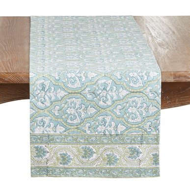 Aqua Block Print Table Runner