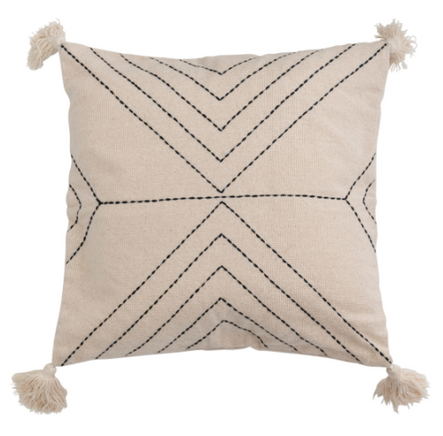 Natural Pillow w/Geometric Embroidery and Tassels