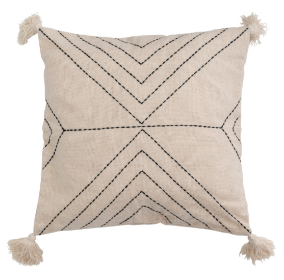 Natural Pillow w/Geometric Embroidery and Tassels