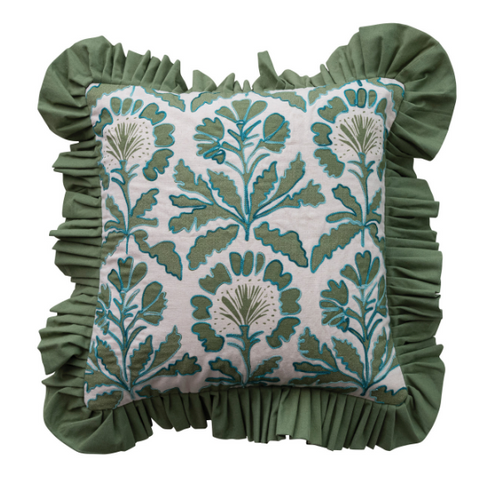 Green Floral Pillow w/ Ruffle