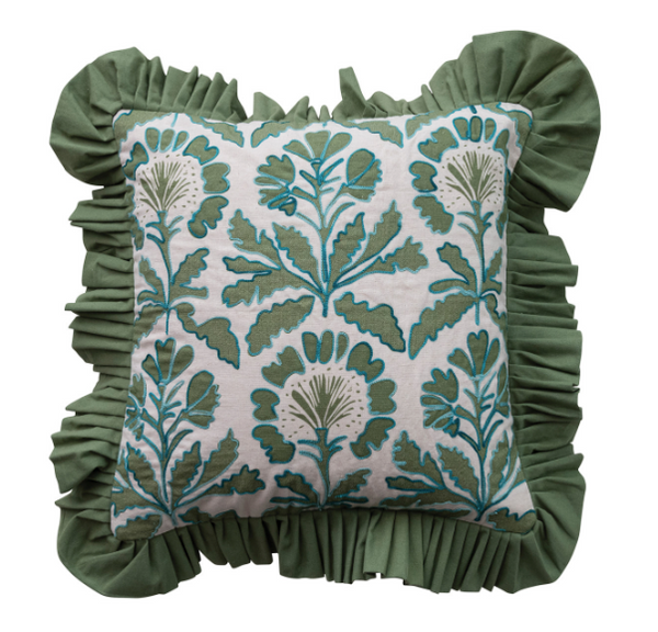 Green Floral Pillow w/ Ruffle