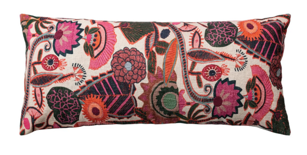 Floral Embroidered Lumbar Pillow