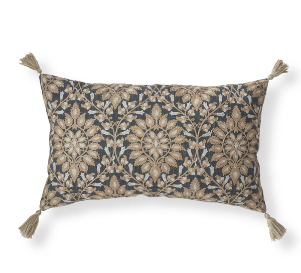 Blue & Taupe Embroidered Floral Lumbar Pillow