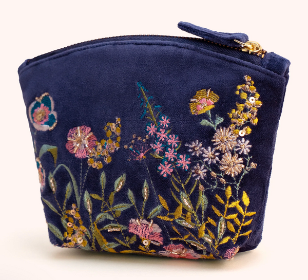 Navy Velvet Floral Mini Pouch