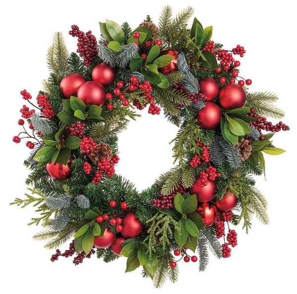 Red Berry & Ornament Pine Wreath - 24"