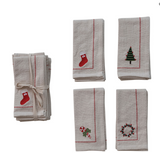 Woven Cotton Napkins with Embroidered Holiday Icons