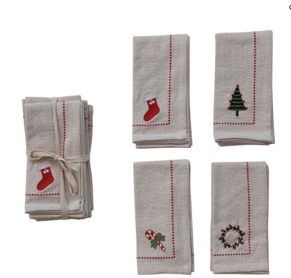 Woven Cotton Napkins with Embroidered Holiday Icons