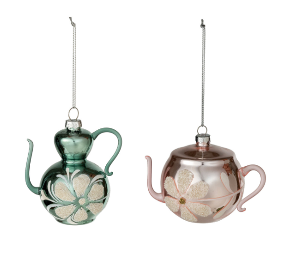 Hand-Painted Glass Teapot Ornament with Flower