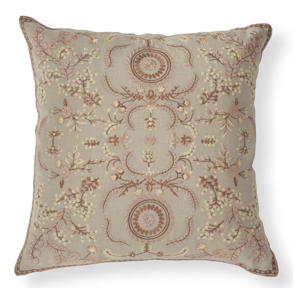 Taupe Linen Embroidered Floral Pillow