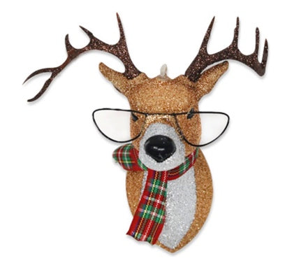Glittered Reindeer w/Glasses Ornament