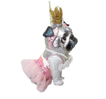 Pug as a Princess Glass Ornament