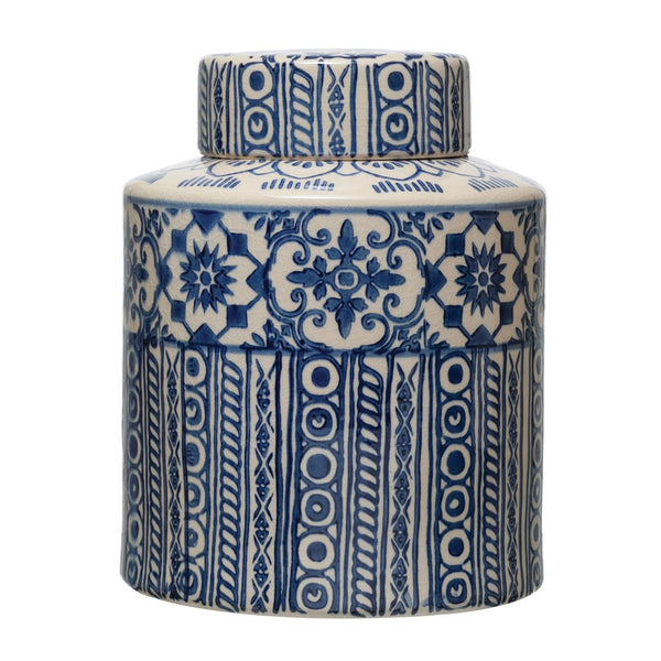 Cream & Blue Patterned Lidded Jar